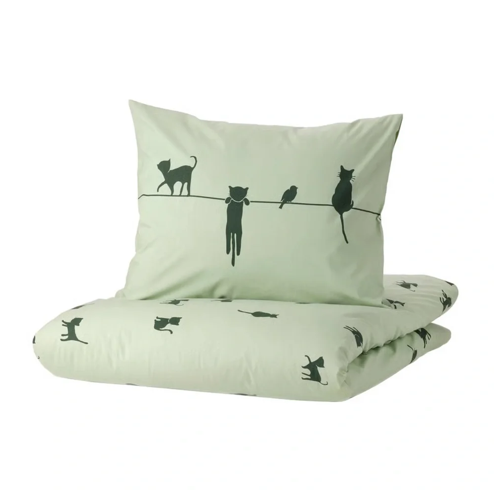 Green Cat Print Bedding Set - Duvet Cover & Pillowcase